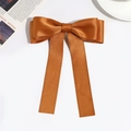 Detailed flat lay of caramel satin ribbon hair clip with elegant long streamers - Chocolate