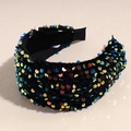 Detailed macro view of wide sequined headband featuring colorful shimmering sequins on black velvet - Iridescent Black