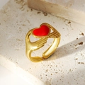 Golden hands holding red heart open ring made of stainless steel for women - Adjustable Open / Hands Holding Red Heart Style (JZZ21)