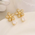 S925 silver needle five-petal flower stud earrings with zircon and teardrop drop design - Flower Waterdrop Style (es64) / Gold
