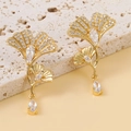 Elegant gold ginkgo leaf earrings with shimmering zircon pave and drop-shaped stones - Gold Rhinestone (es119)
