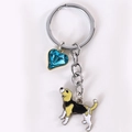 Close-up of beagle dog keychain with blue heart gemstone and silver metal ring - Beagle with Blue Rhinestone Heart