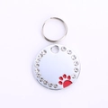 Customizable silver round stainless steel dog tag with red paw print and rhinestones - 25mm / Red