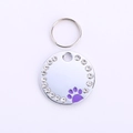 Polished silver metal pet ID tag with white rhinestones and a purple paw print - 25mm / Dark Violet