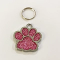 Silver pink zinc alloy dog paw pet ID tag with glitter finish and keyring for collars - 38*38mm / Pink