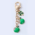Golden heart keychain with green apples and clover charms featuring sparkling rhinestones - Long Green Rhinestone Apple Clover (02)