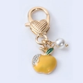 Cute golden heart keychain with a yellow apple charm, green leaf, and small pearl bead - Yellow Rhinestone Apple Pearl (04)