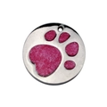 Close-up of a silver round pet ID tag with a pink glitter heart-shaped paw print design - 25mm / Rose Red