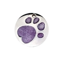 Dettaglio di una medaglietta tonda in metallo argento con zampa viola glitterata per cani - 25mm / Viola
