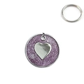 Detail of round purple glitter pet tag featuring a silver heart charm and metal ring - 25mm / Purple