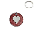 Detail of red glitter round pet ID tag with silver heart pattern and metal key ring - 25mm / Red
