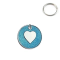 Close-up of a blue glitter pet ID tag with a white heart and silver metal ring - 25mm / Light Blue