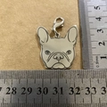 Macro view of French Bulldog stainless steel pet tag measuring 3cm with lobster clasp - Bulldog Style