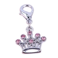 Macro detail of crown pet pendant with polished silver finish and five pink crystals - Pink With Rhinestones