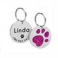 Custom engraved zinc alloy pet ID tag with pink glitter paw print and phone number - 25mm / Rose Red