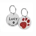 Customizable glitter pet ID tag showing a red paw print and personalized name engraving - 25mm / Red