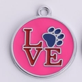 Pink round zinc alloy pet tag with red LOVE text and blue paw print on white background - Rose Red Round Style
