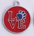 Round red enamel pet ID tag with silver LOVE text and a blue paw print design - Red Round Style