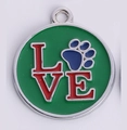 Green circular zinc alloy pet tag with red LOVE text and blue paw print charm - Green Round Style
