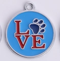 Silver zinc alloy pet ID tag with sky blue enamel and red LOVE paw print design - 30MM / Blue