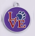 Purple round metal pet ID tag with colorful LOVE letter design and paw print - Purple Round Style
