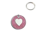 Pink glitter pet ID tag with silver heart design and metal ring for cats and dogs - 25mm / Rose Red