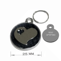 Detailed view of a 25mm round stainless steel pet tag with a heart cutout and key ring - 25mm / Black