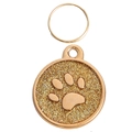 Golden round glitter dog tag with paw print design and attachment ring - 28mm / Gold