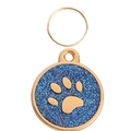 Round golden pet ID tag with blue glitter finish and paw print for small dogs - 28mm / Blue