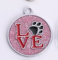 Placa rosa con purpurina para mascotas con texto LOVE y huella en marco plateado - 30mm / Rosa