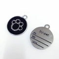 Custom black enamel pet ID tag with silver paw print and engravable silver metal back - 25mm / Black
