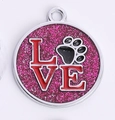 Pink glitter pet ID tag with LOVE lettering and paw print for collars - 30mm / Rose Red