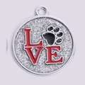 Silver round glitter pet tag with red Love text and paw print for collars - 30mm / Silver