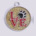 Round silver pet tag with gold glitter and red LOVE text with black paw print charm - 30mm / Gold