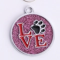 Pink glitter round pet ID tag with Love paw print design for dog collars - 30mm / Red