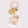 Golden keychain with cream Labrador dog charm, yellow flower and gold heart pendant - Golden Golden Retriever With Yellow Flower