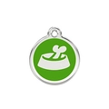 Green and silver pet ID tag with white dog bowl and bone pattern in round metal design - 25mm / Green