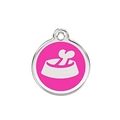 Pink enamel pet ID tag with white dog bowl and bone design on stainless steel metal - 25mm / Deep Pink
