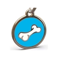 Ronde zilveren penning voor huisdieren met hemelsblauw email en wit botpatroon voor halsband - Φ25mm / Blauw
