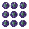 Nine-piece set of purple glitter pet ID tags with green metal heart centers for dog collars - Purple