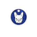 Blue glitter French Bulldog pet ID tag with white dog illustration and round hole - 40mm / Blue