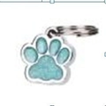 Detailed view of a silver paw print pet ID tag with sparkling blue enamel inlay work - Light Blue