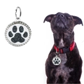 Detail view of round pet ID tag with rhinestones and paw print on a dog collar - 25mm / Black