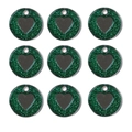 Detailed set of nine green glitter pet ID tags featuring a black heart design and hole - Green