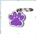 Purple paw print pet ID tag in zinc alloy with silver metal outline and hanging ring - Purple
