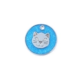 Round blue glitter pet ID tag with a silver cat-shaped charm for collars - Dark Blue