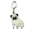 Polierter silberner Mops-Schlüsselanhänger mit weißen und schwarzen Emaille-Details - 30mm / Mops