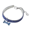 Elastic blue rhinestone pet collar with bone pendant in silver metal finish - S / Blue