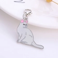 White enamel persian cat charm keychain with silver lobster clasp and pink accents - Long Tail White Cat / 3cm
