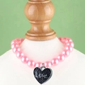Cute pink beaded pet collar for cats with a black sequin heart charm and Love lettering - L / 33.5cm / Deep Pink and Black